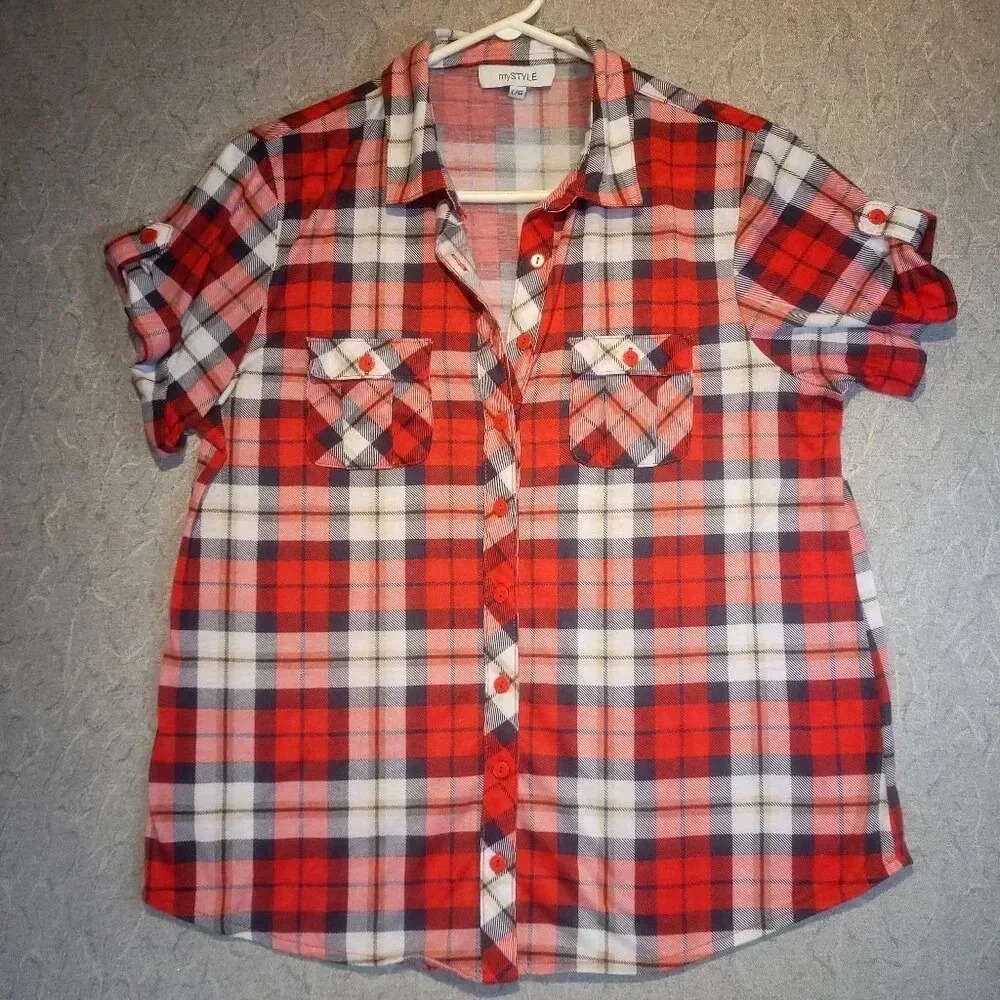 My Style NWOT Women's Red/White/Blue  Plaid Short Sleeve Flannel Shirt LARGE